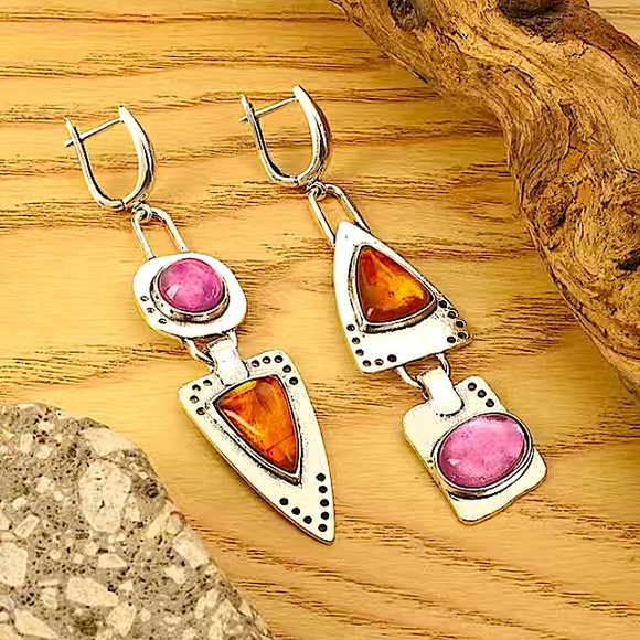 Vintage Boho Geometric Silver Gemstone Irregular Dangle Earrings - Picture 6 of 7